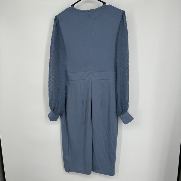 Grace Karin Size M Long Swiss Dot‎ Sleeves Surplice V Neck Midi Dress in Blue - Picture 5 of 5